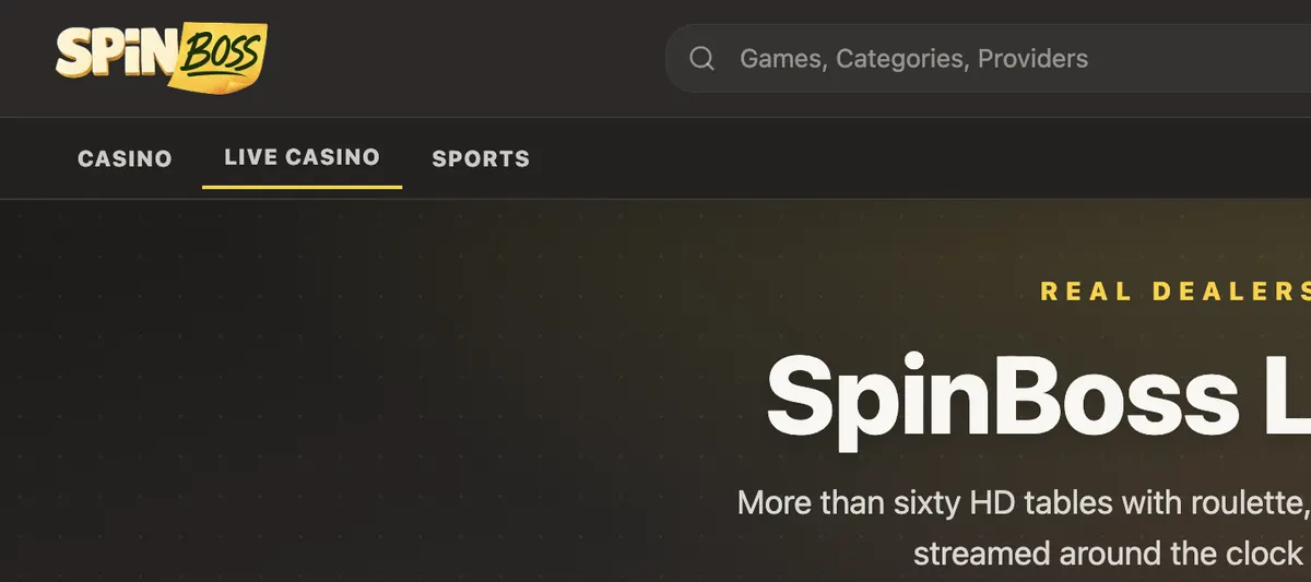 Capturada en spinboss.live, 7 de septiembre de 2026: página del casino en vivo de SpinBoss (interfaz en inglés)